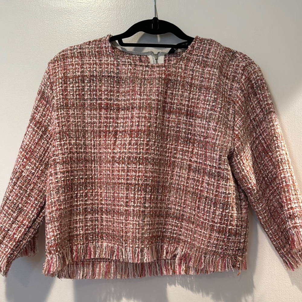 Zara Pink and White Ruffled Boxy Tweed Blouse